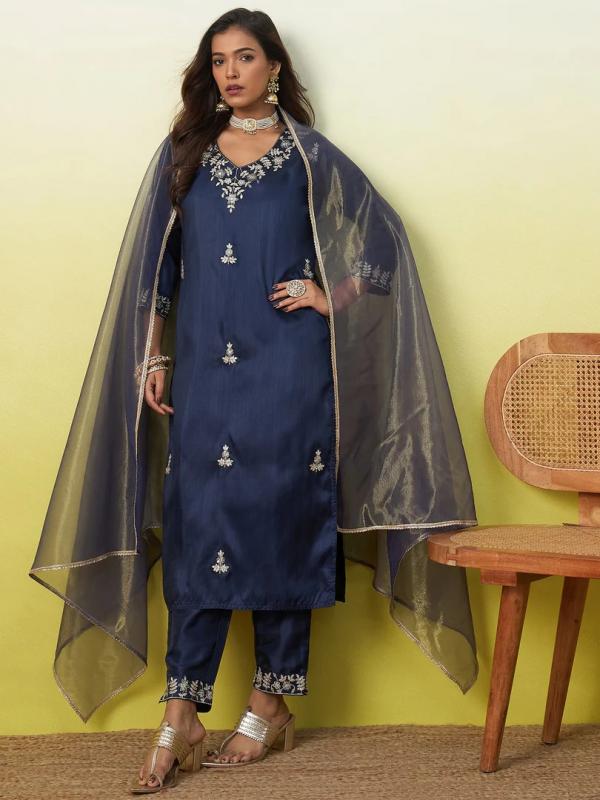 9868 T Women's Embroidered Yoke Design Straight Kurta Set with Dupatta